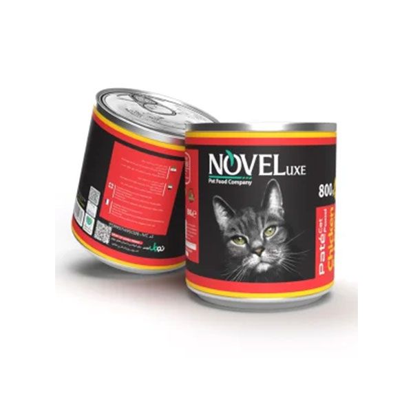 novel-cat-canned-with-chicken-and-liver کنسرو پته گربه با طعم مرغ و جگر 800 گرمی Novel
